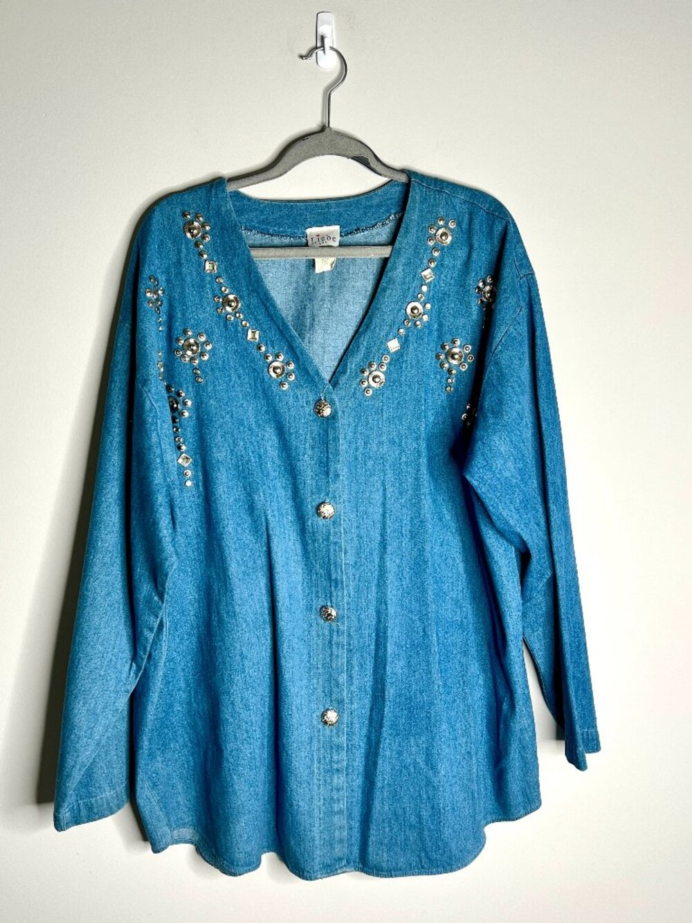 Vtg Made in USA Denim Chambray Western Silver Studded Top 90's Western Rodeo 2X